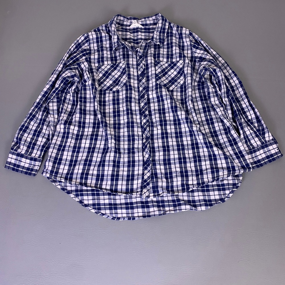 Terra & Sky Women Plus Size 1X Blue White Plaid Cotton Button Down Shirt *